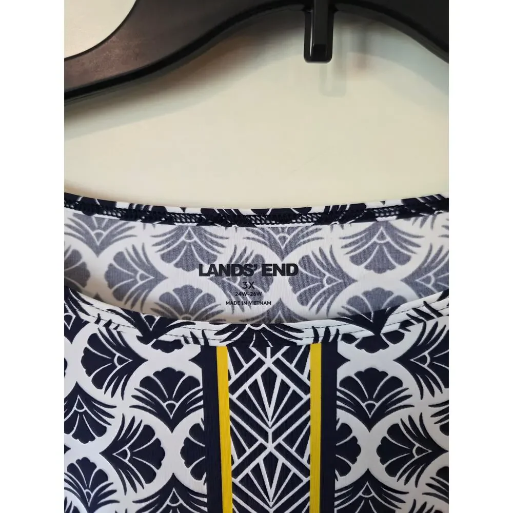 Lands End Womens Floral Print Rash Guard Swim Top Plus Size 3X Navy Blue White